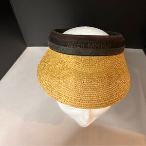 Helen Kaminski Tan Straw Sun Visor Hat Brown Band 9” Bib pickle Ball gardening
